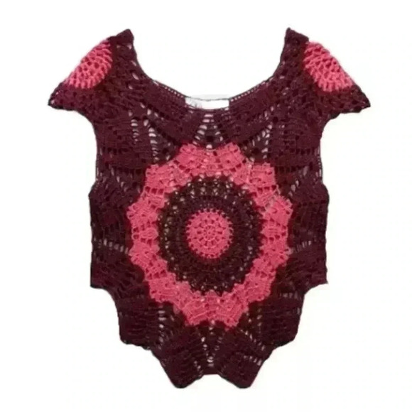 NEW Zara Short sleeve BOHEMIAN crochet top burgundy pink Woman’s size medium - Picture 2 of 9
